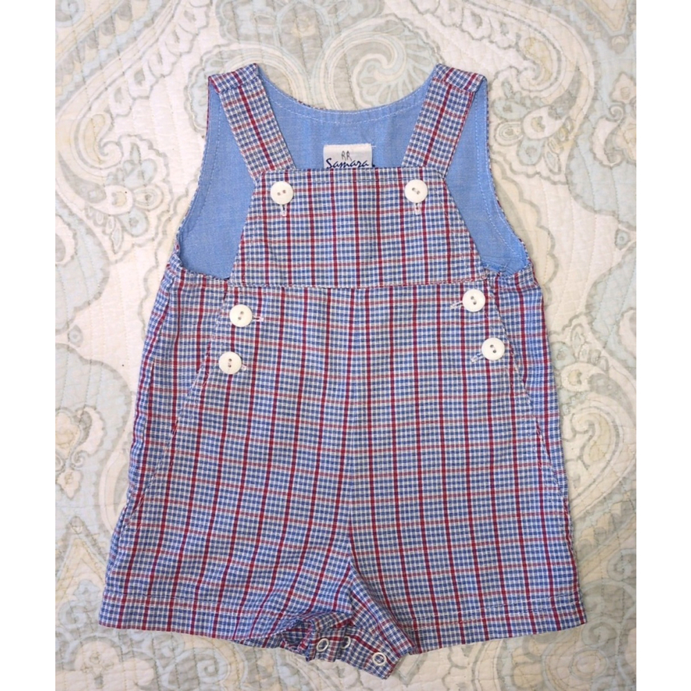 Vintage Samara Baby Boy Overalls 6-9 Months Red, White & Blue Gingham